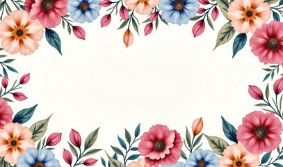 Obraz premium A colorful flower border with a white background. The flowers are pink, blue, and yellow. The border is made up of various flowers and leaves