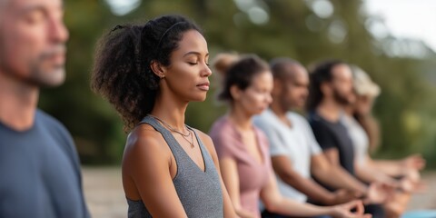 A diverse group of people engaged in meditation, creating a serene atmosphere focused on mindfulness, inner peace, and mutual connection within a natural setting.