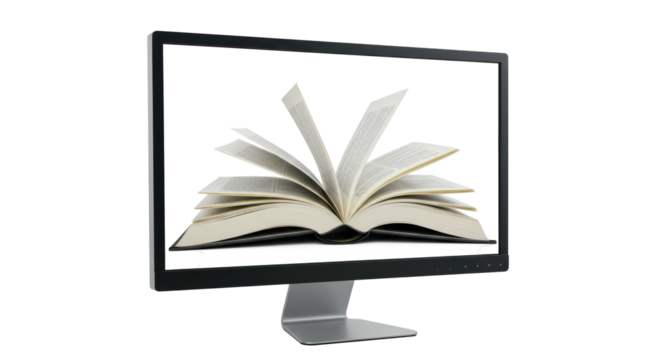Isolated Monitor Displaying an Open Book with Turning Pages - Powered by Adobe
