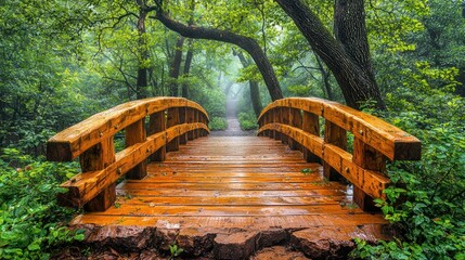 Serene wooden bridge crossing over a misty forest path surrounded by lush greenery