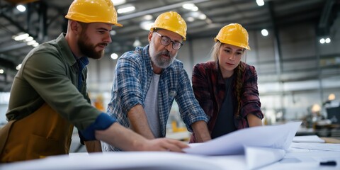 Three professionals analyze architectural blueprints in a bustling workshop, representing teamwork, creativity, and dedication in the construction industry.