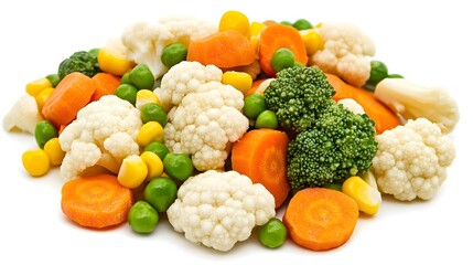 A vibrant mix of fresh vegetables, including cauliflower, broccoli, carrots, peas, and corn, creates a colorful and healthy display. Perfect for a side dish or a main course.