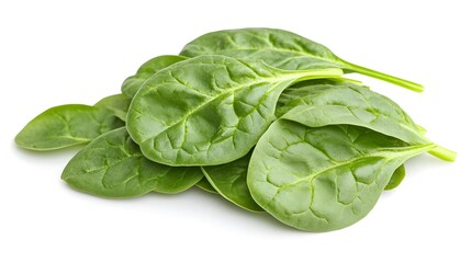 Obraz premium A handful of fresh, vibrant green spinach leaves isolated on a white background. Perfect for healthy eating and cooking themes.