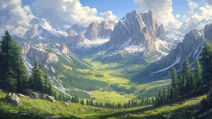 Obraz premium Valley view Mountains rise over green valley with trees and blue, cloudy sky