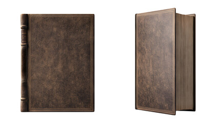 Mockup of a hardcover book standing upright, showing front, back, and side angles, isolated on a transparent background 