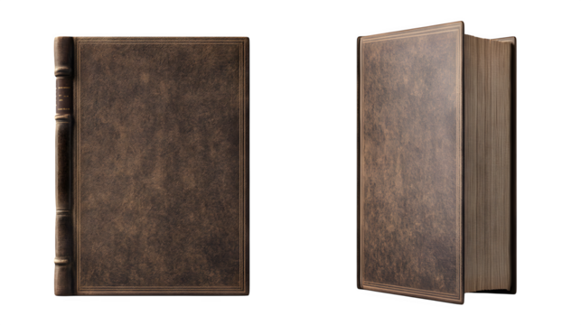 Mockup of a hardcover book standing upright, showing front, back, and side angles, isolated on a transparent background 