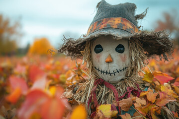 Scarecrow standing tall amid a vibrant field of autumn leaves.