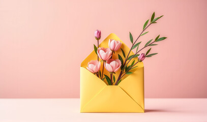 A yellow envelope with pink flowers inside. The flowers are arranged in a way that they look like they are blooming. The envelope is placed on a pink background, which adds a pop of color to the scene