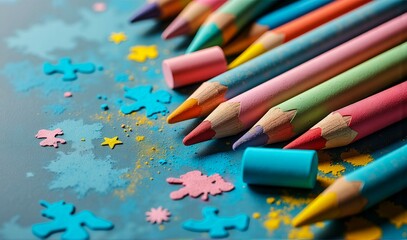 Obraz premium A bunch of colored pencils are scattered on a blue surface. The pencils are of different colors and sizes, and they are arranged in a way that they look like they are about to be used for drawing