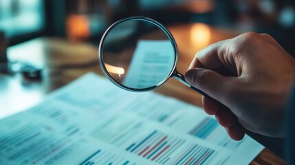 Close-up of hand holding magnifying glass over document.