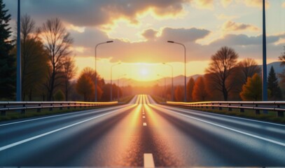 A road with a sunset in the background. The road is empty and the sun is setting. The sky is filled with clouds and the sun is setting behind the trees