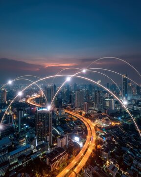 Connected Cityscape at Dusk High Angle View of Urban Area with Data Network Lines Visualizing Connectivity