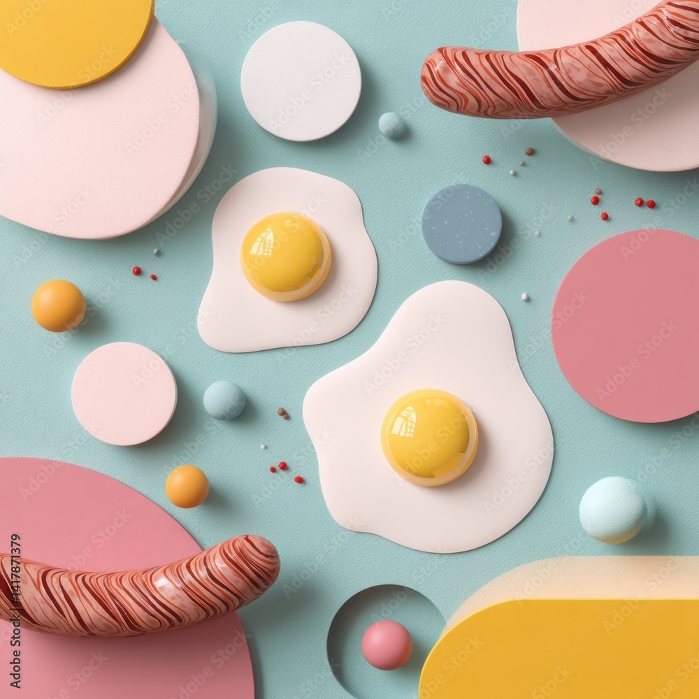 Poster artistic pastel rendering with eggs sausage and geometric shapes playful food scene for creative con