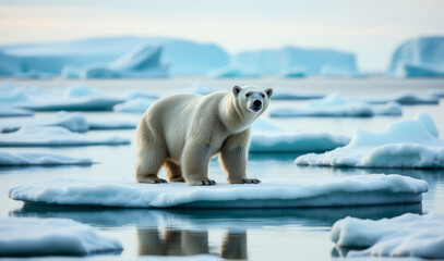 A polar bear stands on a sheet of ice in the middle of the ocean. The bear is the only living thing visible in the image, surrounded by a vast expanse of ice