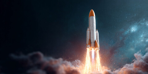 Space rocket launching through clouds against a starry sky, showcasing dynamic movement and technological advancement, symbolizing progress, innovation, and exploration