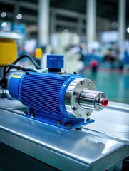 Electric motor closeup in factory setting capturing manufacturing technology and industrial innovation
