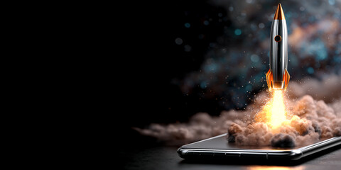 Rocket launching from smartphone, surrounded by smoke and sparks, symbolizes mobile app launch, startup success, innovation, and technological advancement, showcasing potential for growth