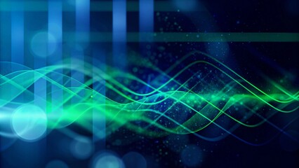 Digital abstract banner of neon ethereal waves of luminous blue and green ripple gracefully across, glow pulses with energy, evoking sense of serene motion, futuristic harmony in vibrant space