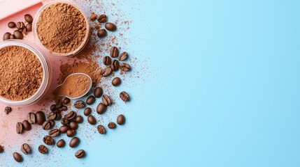 Clean Pastel Workspace with Scattered Coffee Beans and Powder