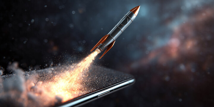 Rocket launching from smartphone screen, fiery trail depicts rapid growth, innovation, and technological advancement, ideal for startup or tech business