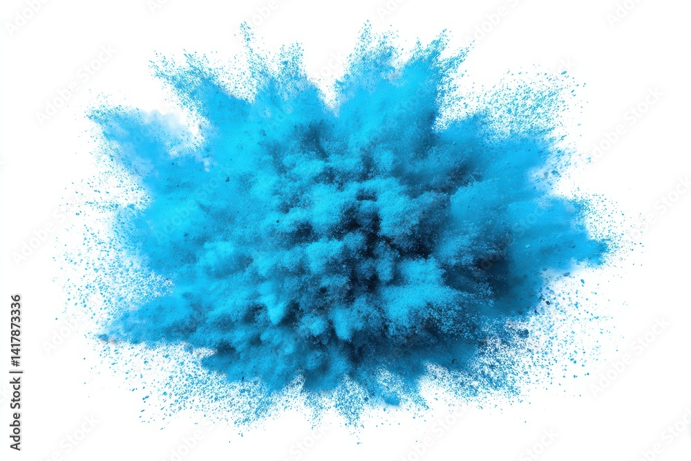 Poster Captivating explosion of vibrant blue powder against a stark white backdrop creating dynamic texture and vivid abstract form