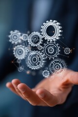 Conceptual gears technology on human hand abstract innovation modern engineering digital future mechanic connection and integration
