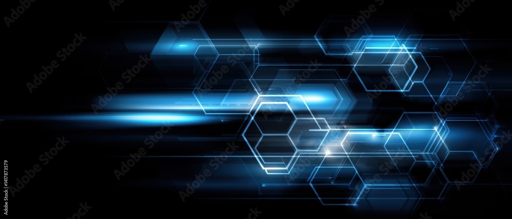 Poster Hexagonal networks on a dark backdrop with blue technology integration and futuristic connectivity focus