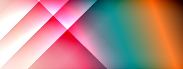 Fototapeta premium Abstract geometric shapes blend vibrant colors. Diagonal lines create dynamic visual effect. Smooth gradients dominate composition.