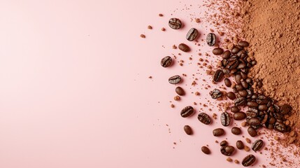 Abstract Patterns of Coffee Beans and Powder on Pink Background