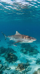 Fototapeta premium Swimming Shark Underwater with Reef and Ocean Surface