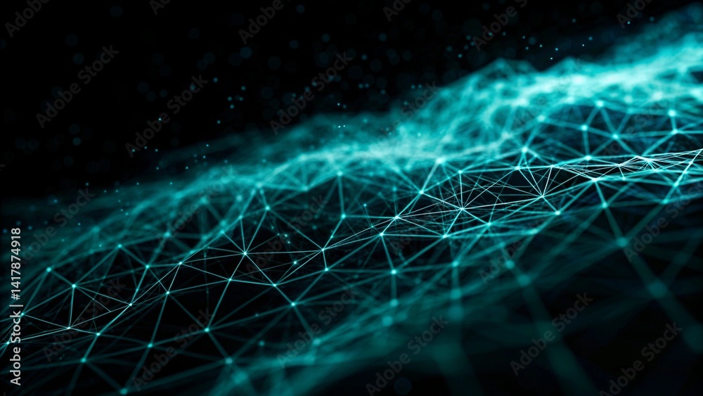 Aufkleber Digital cyberspace futuristic, Green and Blue color particles wave flowing with lines and dots connection, Technology network abstract background. 3d rendering, digital innovation, visualization data