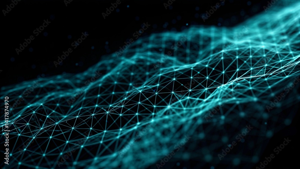 Aufkleber Digital cyberspace futuristic, Green and Blue color particles wave flowing with lines and dots connection, Technology network abstract background. 3d rendering, digital innovation, visualization data