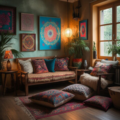 Bohemian Living Room with Rattan Furniture, and Cozy Colorful Art and Ambiance