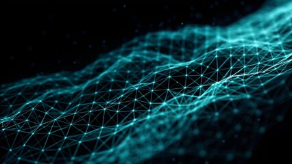 Digital cyberspace futuristic, Green and Blue color particles wave flowing with lines and dots connection, Technology network abstract background. 3d rendering, digital innovation, visualization data