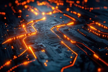 Obraz premium Abstract Circuit Board Artwork with Glowing Lines and Pixelated Pixels