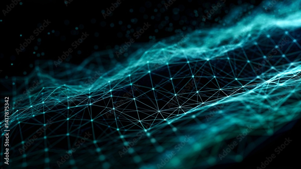 Aufkleber Digital cyberspace futuristic, Green and Blue color particles wave flowing with lines and dots connection, Technology network abstract background. 3d rendering, digital innovation, visualization data