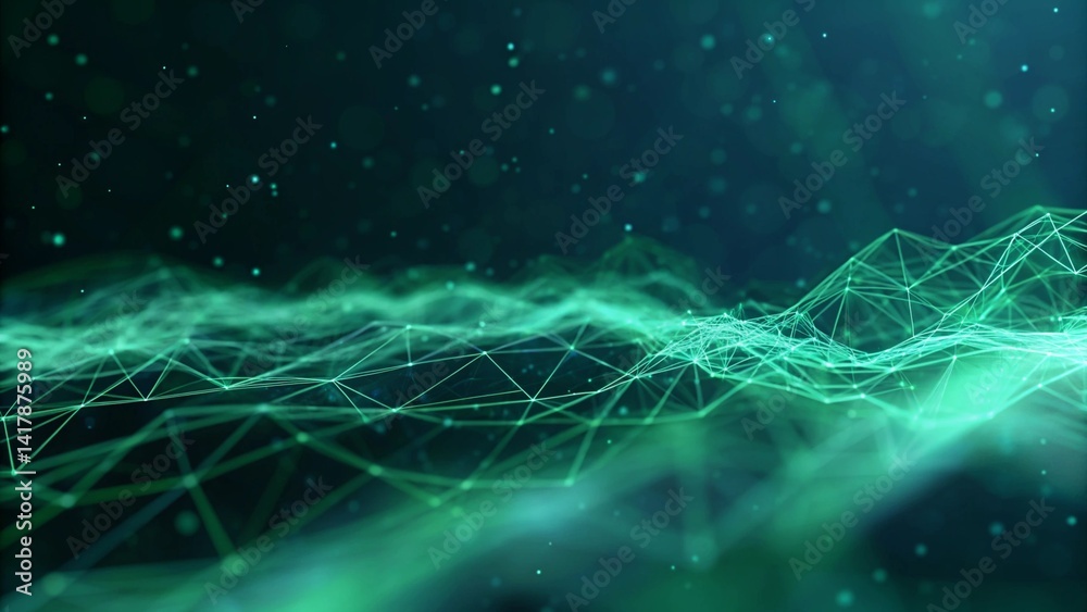 Poster digital technology banner green blue background, created with futuristic elements, data flow, circui