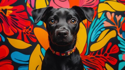 Obraz premium Cute black dog with amber eyes poses against a vibrant, colorful floral backdrop.