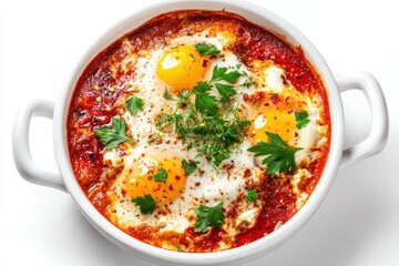 Overhead view of delicious shakshuka with eggs in spicy tomato sauce garnished with fresh parsley
