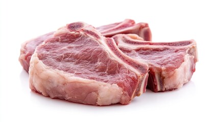 Three raw lamb chops with bone on a white background close up.