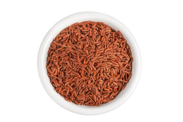 red rice in a ceramic bowl isolated on white background. Top view. Flat lay