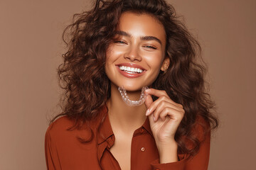 Smiling woman with curly brown hair, holding clear teeth aligner, wearing rust-colored shirt against brown background, showcasing dental health and beauty