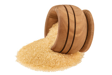 The brown sugar in wooden bowl isolated on white background