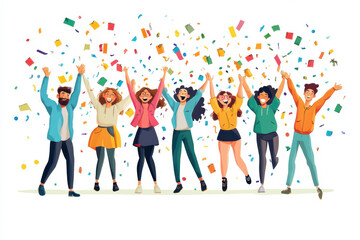 People celebrating with confetti falling around them, joyfully laughing and dancing in a festive atmosphere.