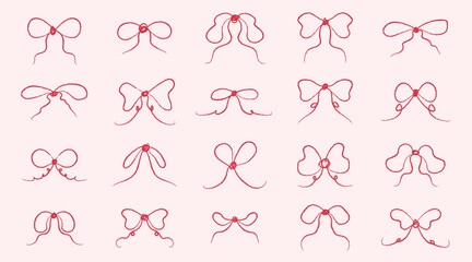Set of hand drawn pink bows on a pink background. Gif ribbons in hand drawn styles. Fashionable vector illustration. Hair accessory. Bows knot for gift wrapping