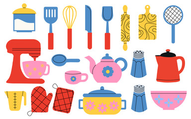 Set of kitchenware. Cooking tools, utensil, equipment and cutlery. Set for baking and dough preparation. Flat vector illustrations of cookware objects isolated on white background.