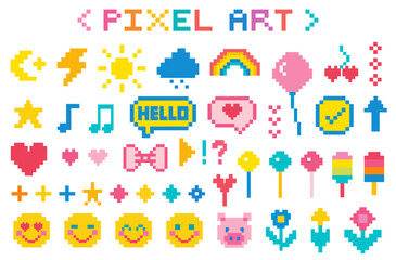 Fototapeta premium Game icon set, vector mobile app element. Pixel art objects isolated on white background. Game artefact icon in 8 bit style. Pixel graphic symbols group collection. Face, stars, bow, flowers, sweets