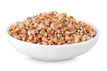 Boiled buckwheat in a ceramic bowl isolated on white background