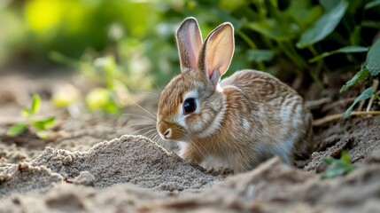Fototapeta premium Cute brown rabbit sitting in sand near green plants.