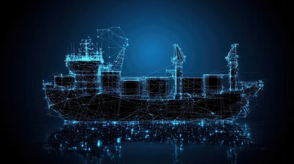 A digital representation of a cargo ship, created with a wireframe design, set against a blue background, highlighting technology and innovation in shipping.